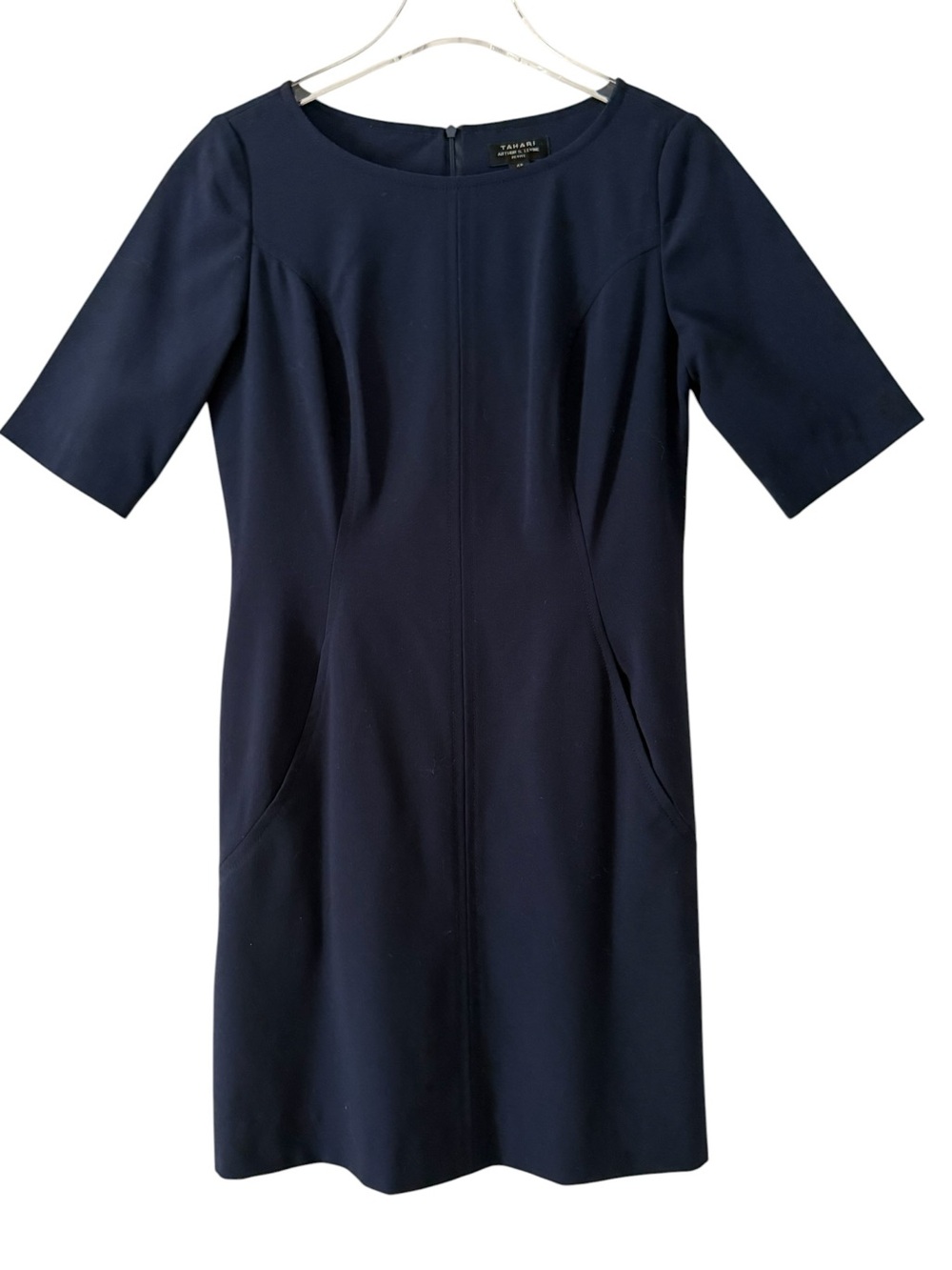 Tahari Neutral Navy Short Sleeve Sheath Dress Size 6 Petite Business Casual